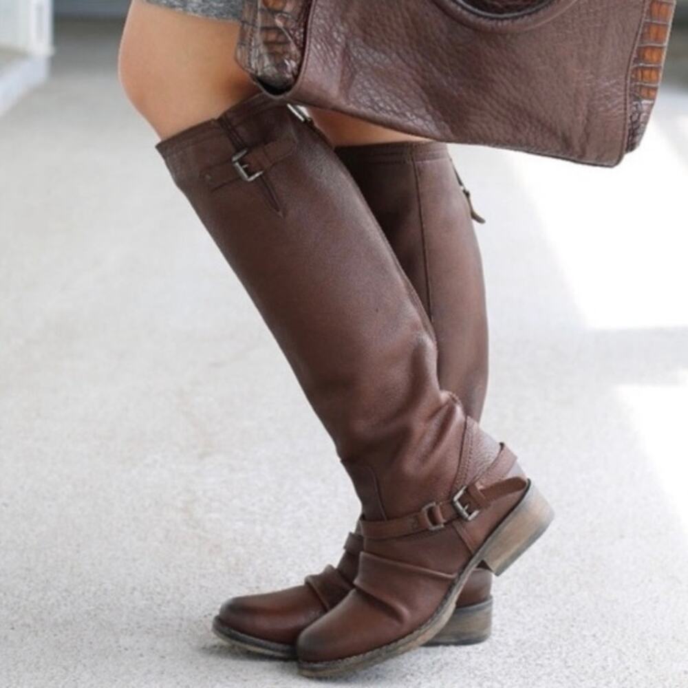 Steve Madden Sz 6 Ravinn Brown Pebbled Leather Riding Boots Buckle Details Moto